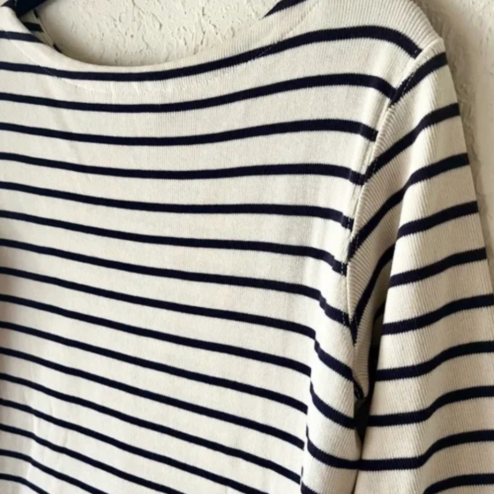 Classic L.L. Bean 3/4 Sleeve Boatneck Sweater Striped Navy Cream Sz L